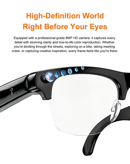 Semi-frame 1200W Pixel Camera Glasses with AI Voice Translation Smart Bluetooth Features Includes 3 Lense Travel Office