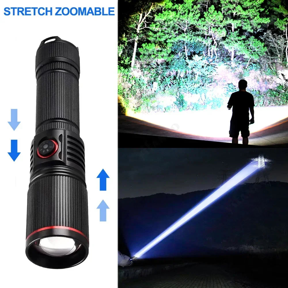 Aluminum Alloy White Laser Powerful LEP Flashlight 18650 or 21700 Battery Zoom Torch Light Lamp with Tail Rope Power Indicator