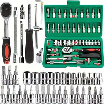 46pc Drive Socket Set 1/4 inch Ratchet Wrench Set Mechanic Tool Kits for Auto Repair Hous with Sockets Metric Hex Bit Socket Set