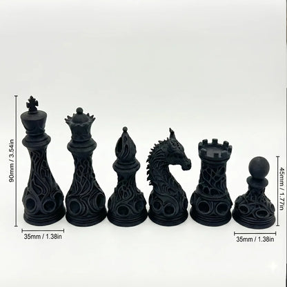 32pcs Gothic Dragon Chess Pieces Set Black White 3D Printed Hollow Design Tabletop Ornament Gift for Chess Lovers