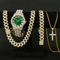4PCS Luxury Rhinestone Men Quartz Watch Hip-pop Jewelry Set Fashion Roma Dial Calendar Quartz Wristwatch（Without Box）