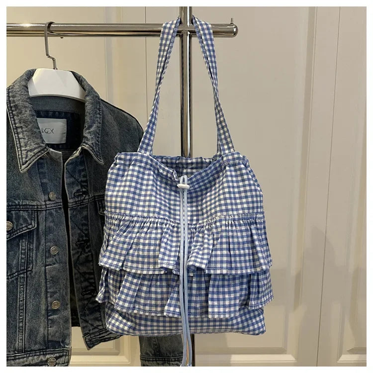 Cute Plaid Cotton Tote Bag Large Capaci Lace Trim Women's Summer 2026 Simple Lady Handbag Soft Shoulder Bags Bolsa Feminina
