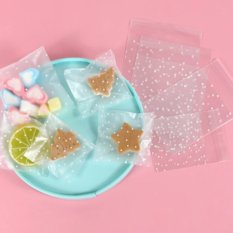 100pcs Plastic Transparent Cellophane Bags Polka Dot Candy Cookie Gift Bag Self Adhesive Candy Bags for Wedding Birthday Party