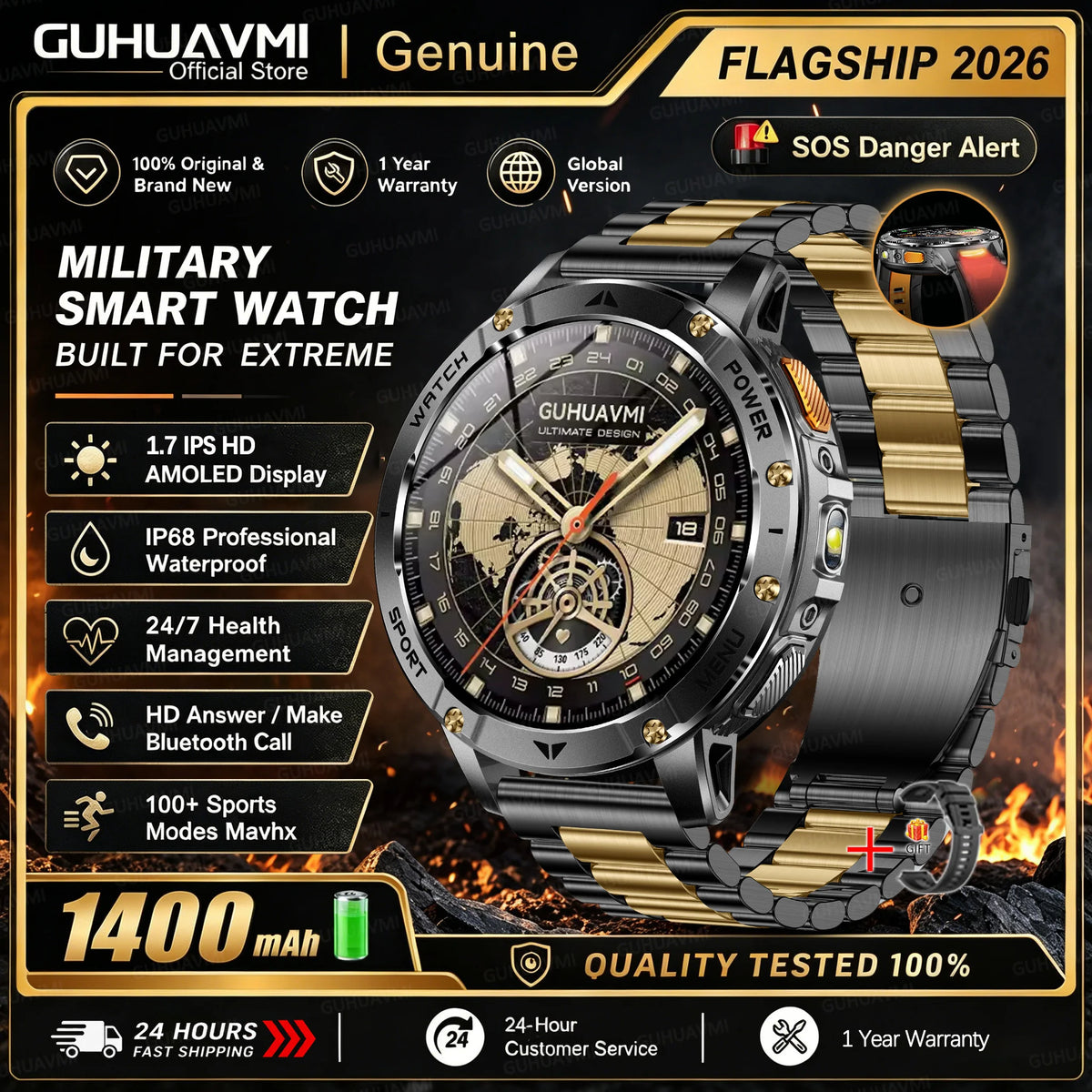1400mAh Large Battery Military Smart Watch Men 1.7"HD Bluetooth Call 10ATM Waterproof LED Flash SOS Health Monitor Sport Watches