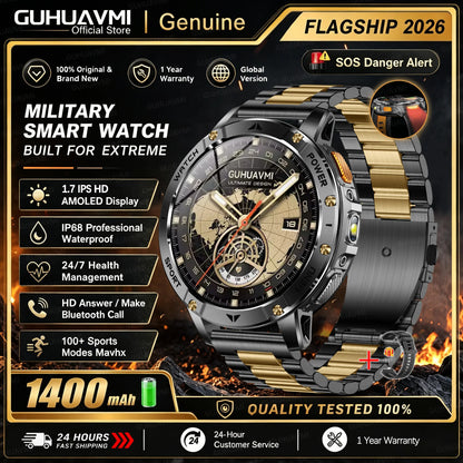 1400mAh Large Battery Military Smart Watch Men 1.7"HD Bluetooth Call 10ATM Waterproof LED Flash SOS Health Monitor Sport Watches