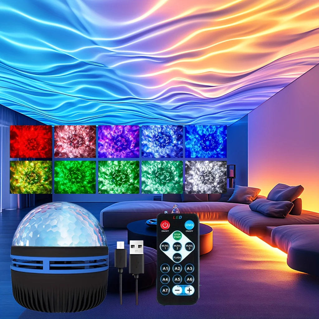 Galaxy Starry Projector LED Night Light Remote Control RGB Water Wave 7 Modes USB Plug-in Galaxy Lamp Bedroom Party Bar Decor