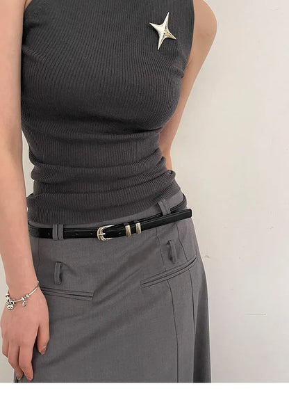 Woman's Fashionable Belts Black Simple Thin PU Belts Trousers Skirt Versatile Belts Student's Casual Belt