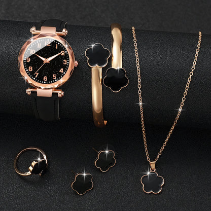 20266PCs/Set Women's Watch Fashion Digital Leather Quartz Watch with Unique Flower Jewelry Set