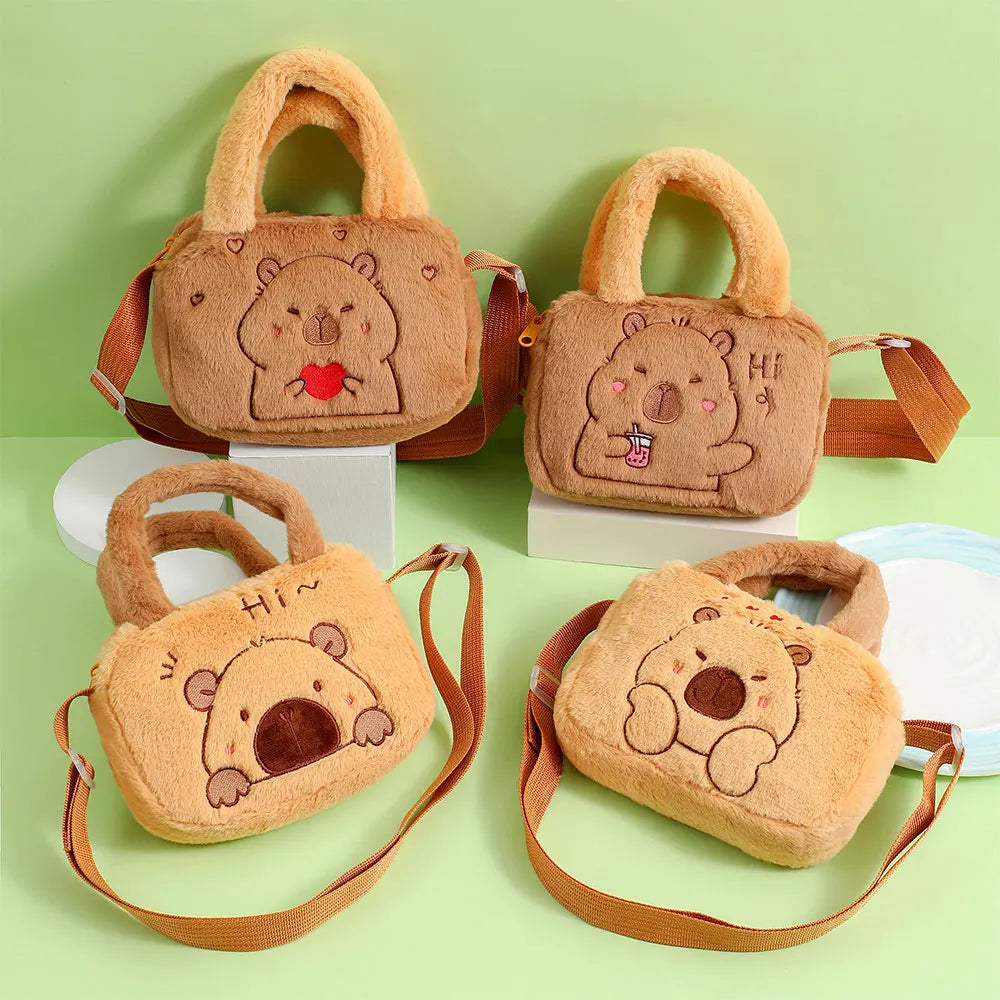 Stylish Cute Embroidered Capybara Plush Handbag Kawaii Cartoon Plush Shoulder Bag Lightweight Soft Small School Bag Square Bag