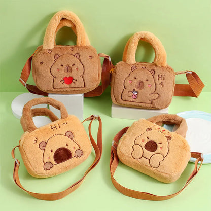 Stylish Cute Embroidered Capybara Plush Handbag Kawaii Cartoon Plush Shoulder Bag Lightweight Soft Small School Bag Square Bag
