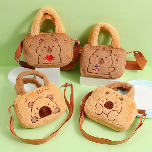 Stylish Cute Embroidered Capybara Plush Handbag Kawaii Cartoon Plush Shoulder Bag Lightweight Soft Small School Bag Square Bag