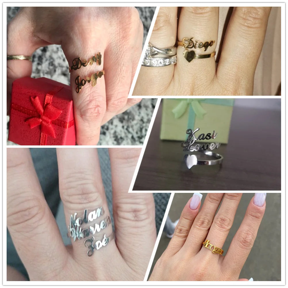 Custom Double First Name Finger Ring For Women Men Personalized Couple Wedding Gift Gold Color Stainless Steel Open Ring Jewelry