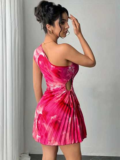 Summer Elegant Ink Print Smudge Cut-out Waist Dress Slanted Shoulder Collar Pressed Pleated Women's Dresses