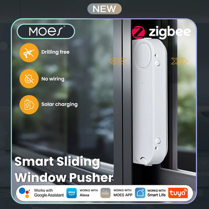 MOES Tuya ZigBee Smart Sliding Window Pusher Automatic Opener Closer Solar Charging App Remote Control Support Alexa Google Home