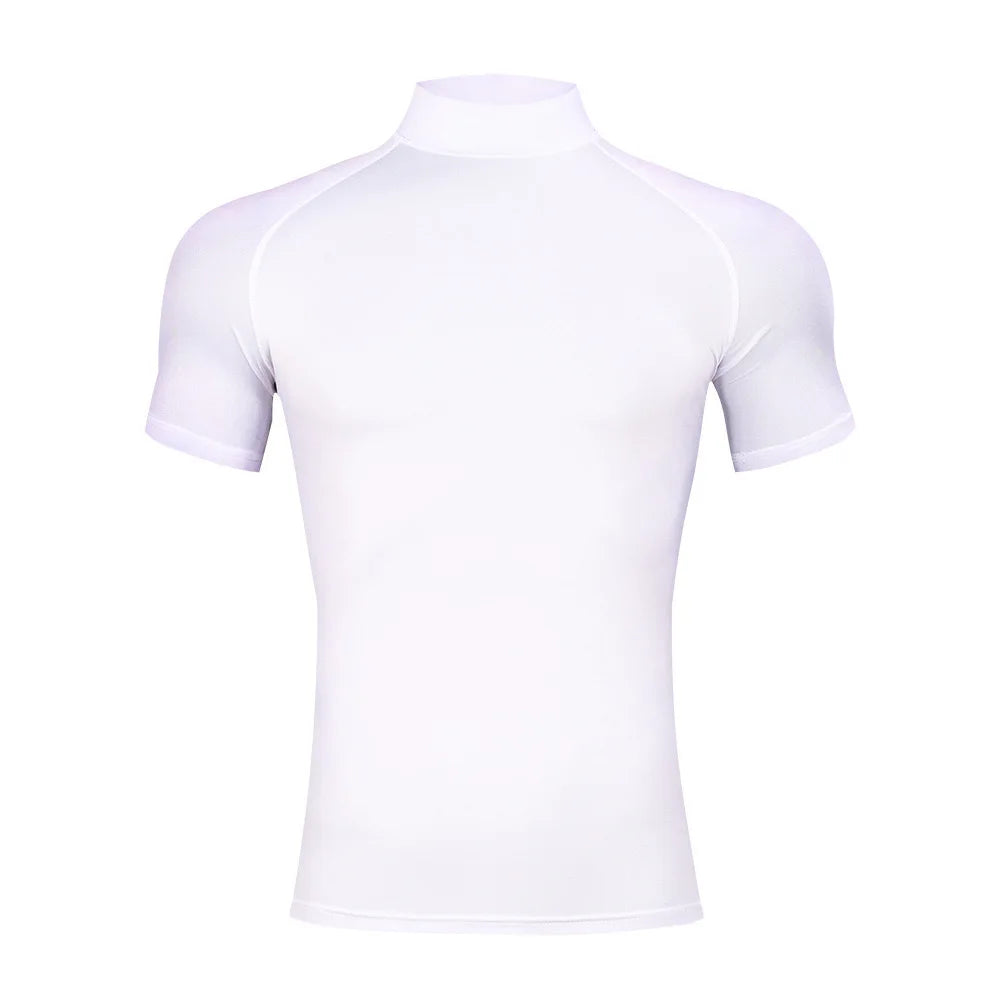 Mens Bodybuilding Sports Tight T-shirt Summer Compression Turtleneck Short Sleeve Gym Fitness Quick Dry Running Male Workout Top