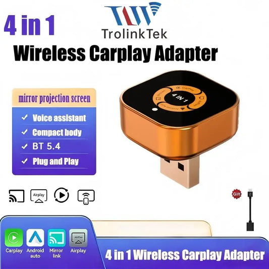 TrolinkTek 2026 Upgrade 4in1 Carplay Adapter Wireless Android Auto Mirror Link Smart MiNi AI Box USB Auto Connect Plug and Play