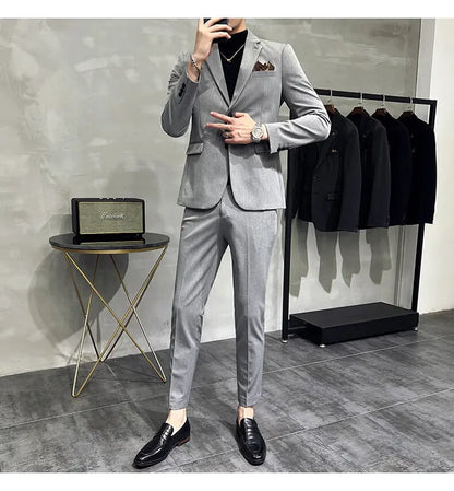 High quality Korean slim fit (suit + trousers) Fashion business handsome casual solid color wedding suit two-piece set