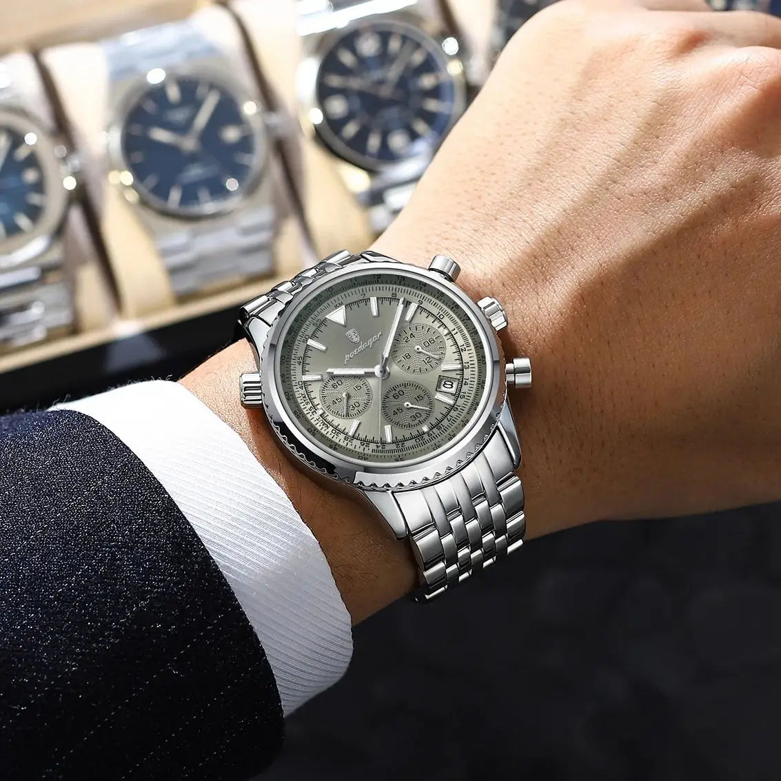 POEDAGAR Luxury Fashion Men Watch Stainless Steel Waterproof Luminous Quartz Male Clock Date Chronograph Military Men's Watches