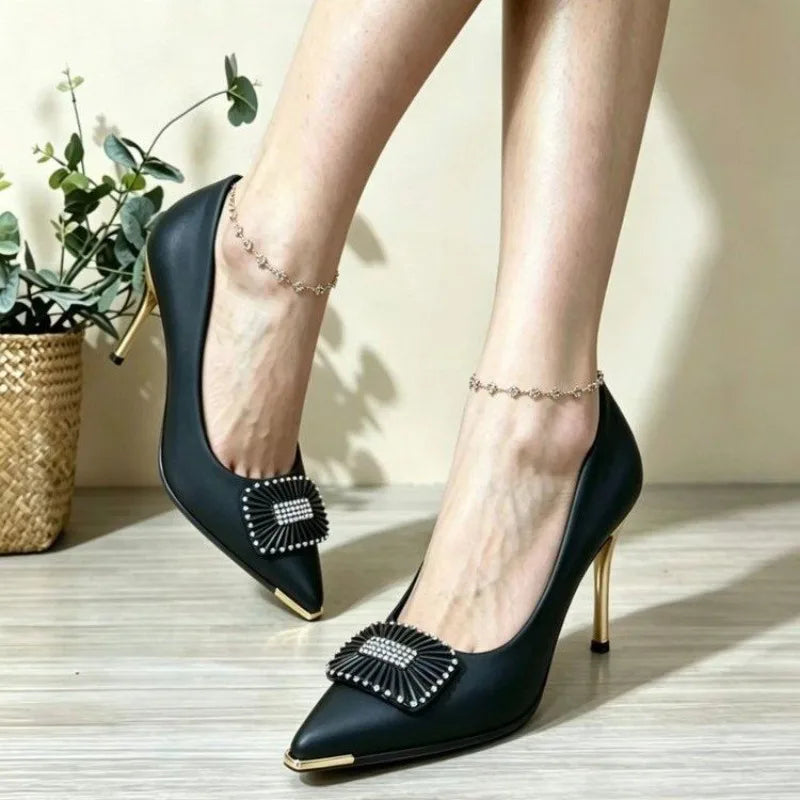 Fashionable High Heels For Women With Light Mouth Square Buckle Rhinestone Slim Heels Single Shoes Pointed Toe High-End Shoes