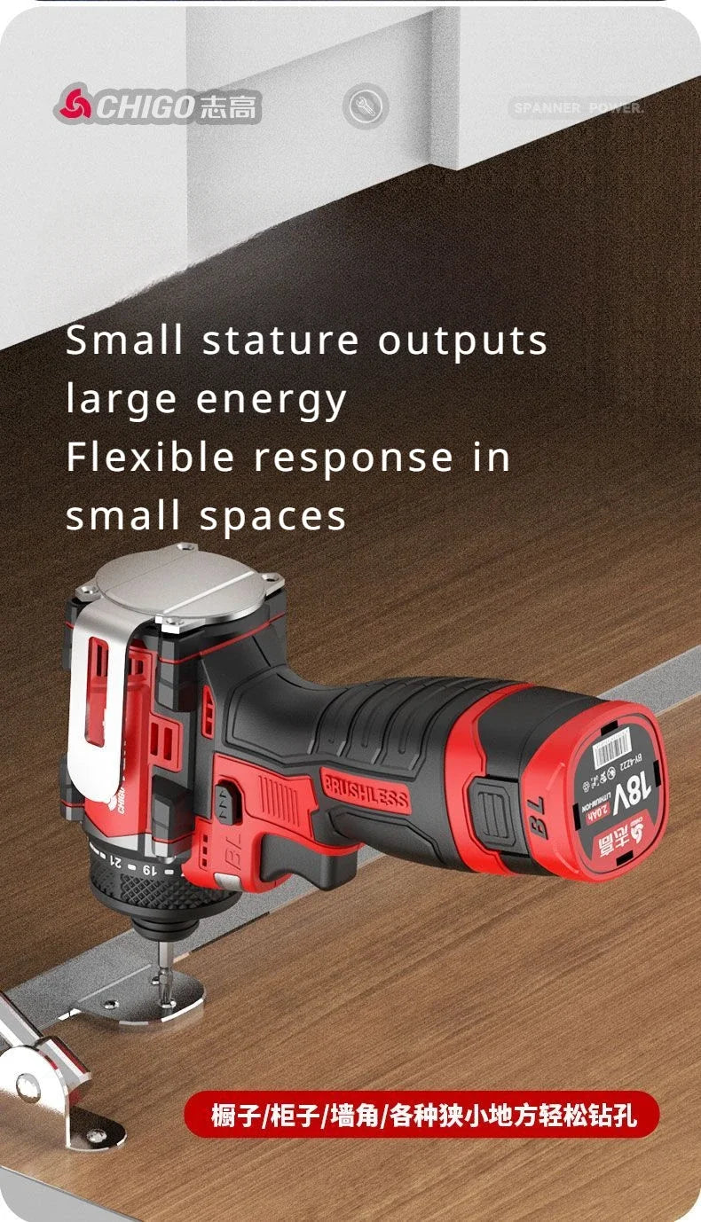 CHIGO Brushless Electric Drill Cordless Knockable Driller Driver 80N.m 18V Screwdriver Li-ion Battery Electric Power Tools