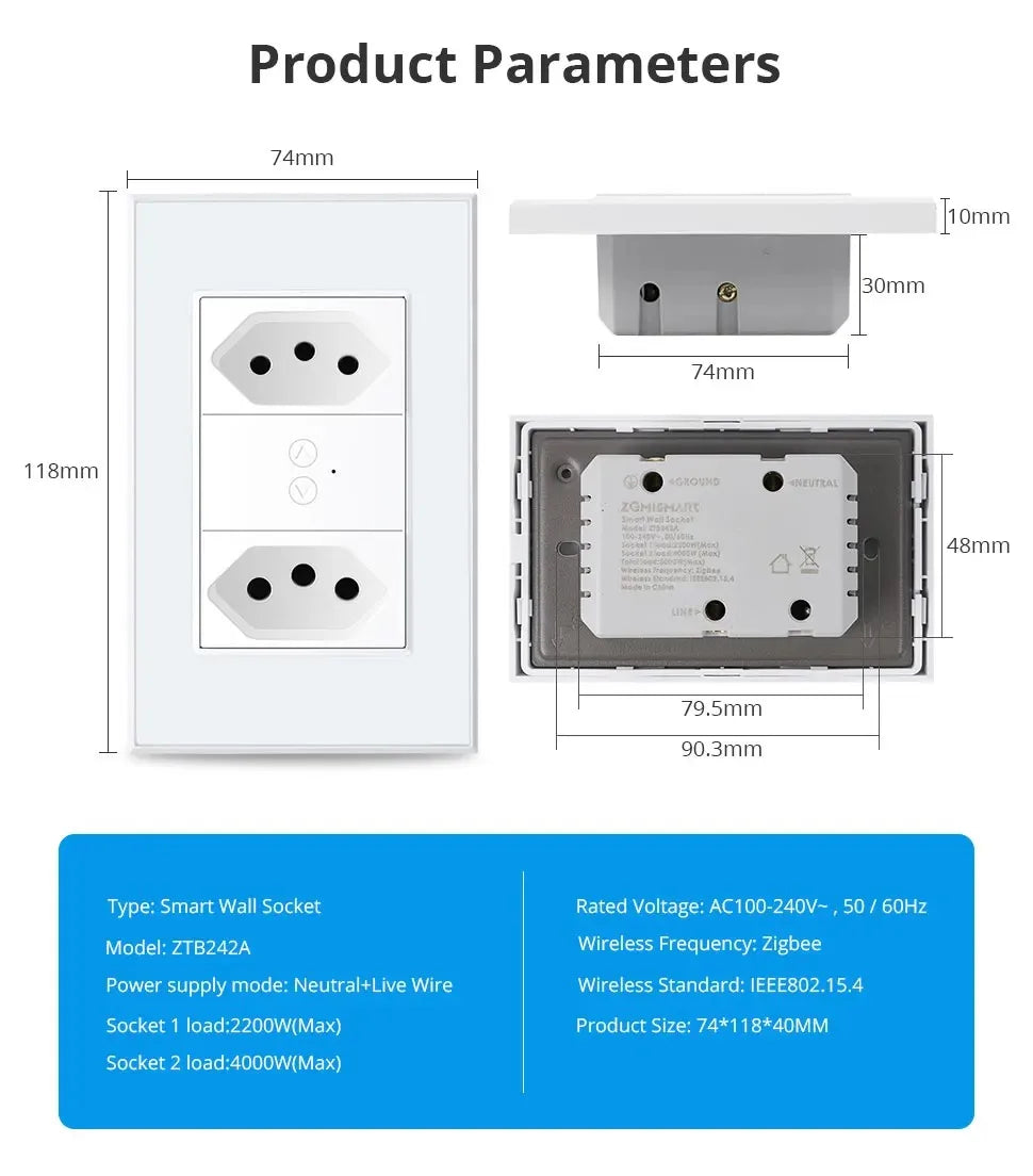 Zemismart Zigbee Smart 10A 20A Brazil Socket Light Switch with Outlets Work with Tuya Smart Life App Alexa Google Home Control