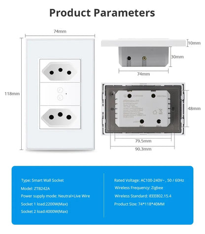Zemismart Zigbee Smart 10A 20A Brazil Socket Light Switch with Outlets Work with Tuya Smart Life App Alexa Google Home Control