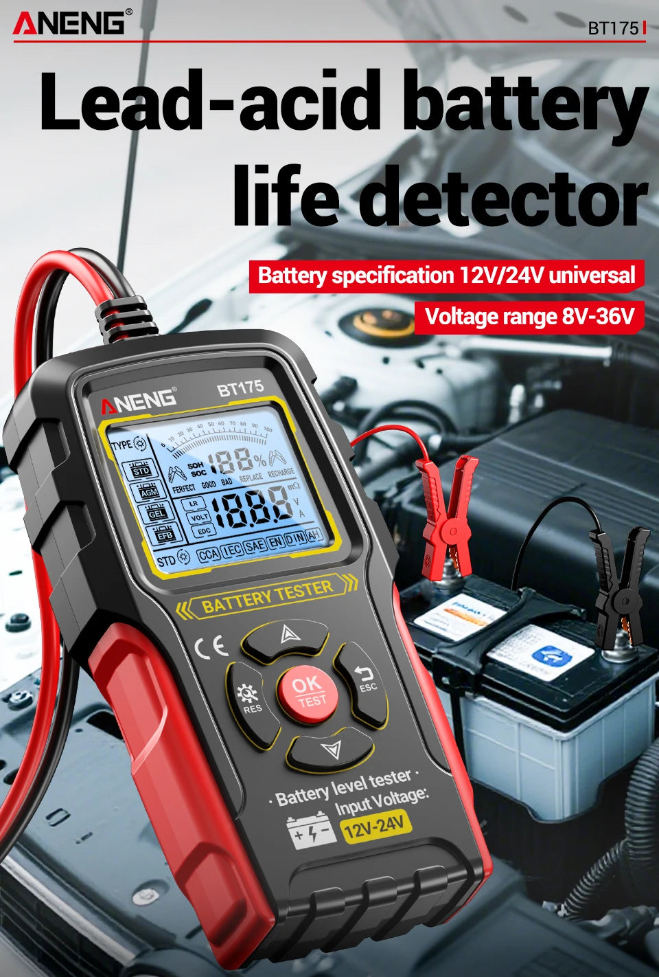 12V 24V Digital Car Battery Tester Alternator Automotive Analyzer Display Screen ANENG BT175 With Insulated Alligator Clip Tools