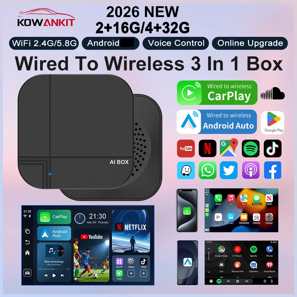 Kowankit 2026 4+32G Wireless CarPlay AI Smart Box 3 in 1 Android Auto Tv Box Netflix Youtube For Toyota Nissan Benz Honda Ford