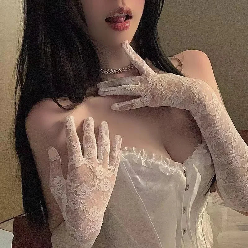 Mesh Fishnet Bowknot Long Gloves for Women Lace Ruffle Fingerless Gloves Mittens JK Lolita Kawaii White Gloves UV Protection
