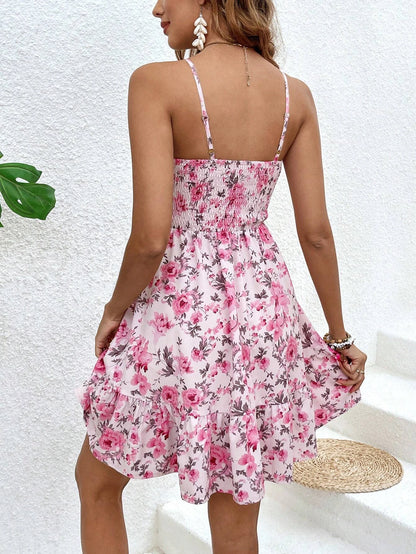 Women's Floral Print Shirred Spaghetti Strap Dress - Summer Boho Ruffle Sundress Casual Beach Maxi Dress