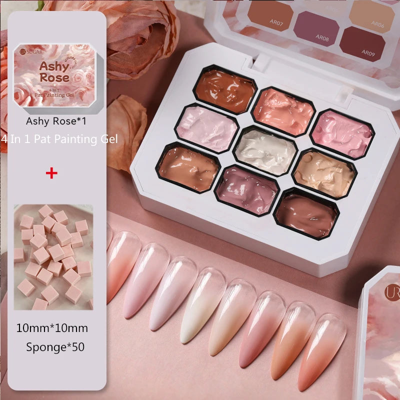 UR SUGAR 9 Colors Gradient Painting Gel Palette with 50pcs Mini Sponge Set French Ombre Gel Nail Polish for Pigmented Manicure