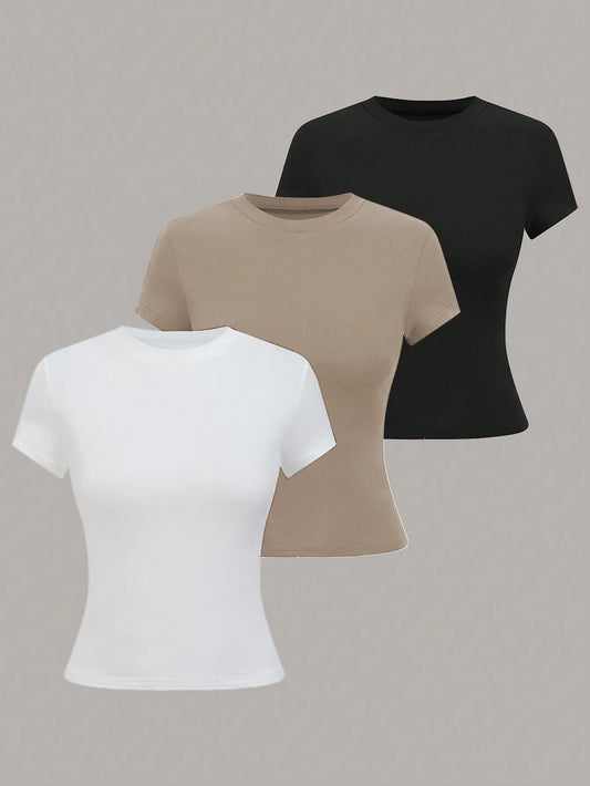 Damski T-shirt z Krótkim Rękawem w Jednolitym Kolorze, Minimalistyczny Podstawowy Top na Lato