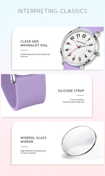LIGE New Fashion Women's wristwatch Ultra-Thin Quartz Watches for Woman Waterproof Luminous Silicone Ladies Watches Pink Clock