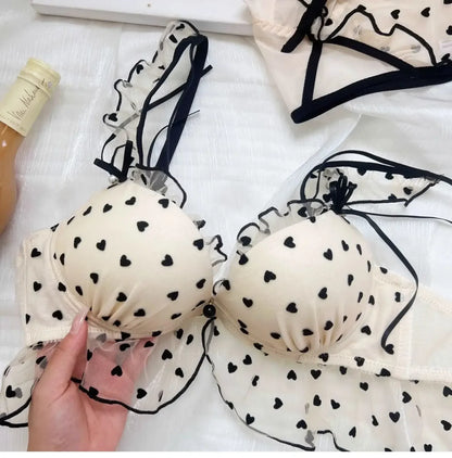 BANERDANNI Simple Light Luxury Love Printed Lace Underwear Set Women's Small Breasts Gather Sexy Pure Desire Sweet Bra Cute Bra