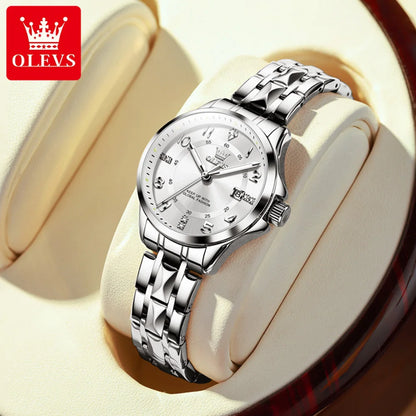 OLEVS 2910 Original Quartz Watches for Women Rhombus Steel Strap Waterproof Luminous Calendar Elegant Luxury Ladies Wristwatches