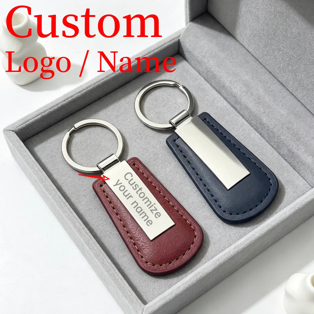 Wholesale Metal Stainless Steel Car Moto Keychain Fan Shaped Leather Keyring Custom Name Laser Engraving Logo High-end Gift
