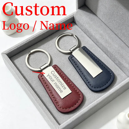Wholesale Metal Stainless Steel Car Moto Keychain Fan Shaped Leather Keyring Custom Name Laser Engraving Logo High-end Gift