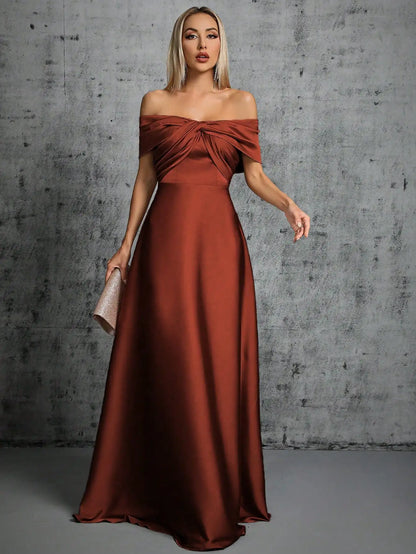 Mgiacy Line neck irregular cross pleated satin gown ball dress Party dress bridesmaid dress