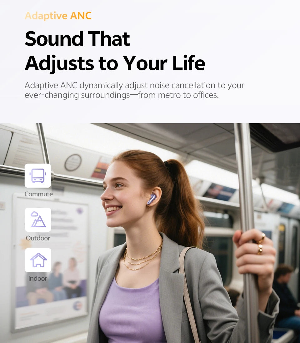 QCY MeloBuds N70 Adaptacyjne ANC Bezprzewodowe słuchawki douszne Bluetooth 6.0 LDAC Hi-Res Audio 6 mikrofonów Ładowanie bezprzewodowe Słuchawki 50 godzin IPX5