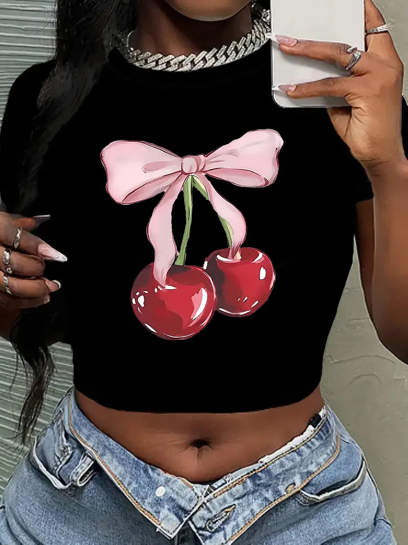 90s Chic Cropped Fashion Cherry Print Crew Neck T-shirt Y2K Short Sleeve Tight Fit Crop Top Spring Summer Women's Clothing