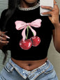 90s Chic Cropped Fashion Cherry Print Crew Neck T-shirt Y2K Short Sleeve Tight Fit Crop Top Spring Summer Women's Clothing