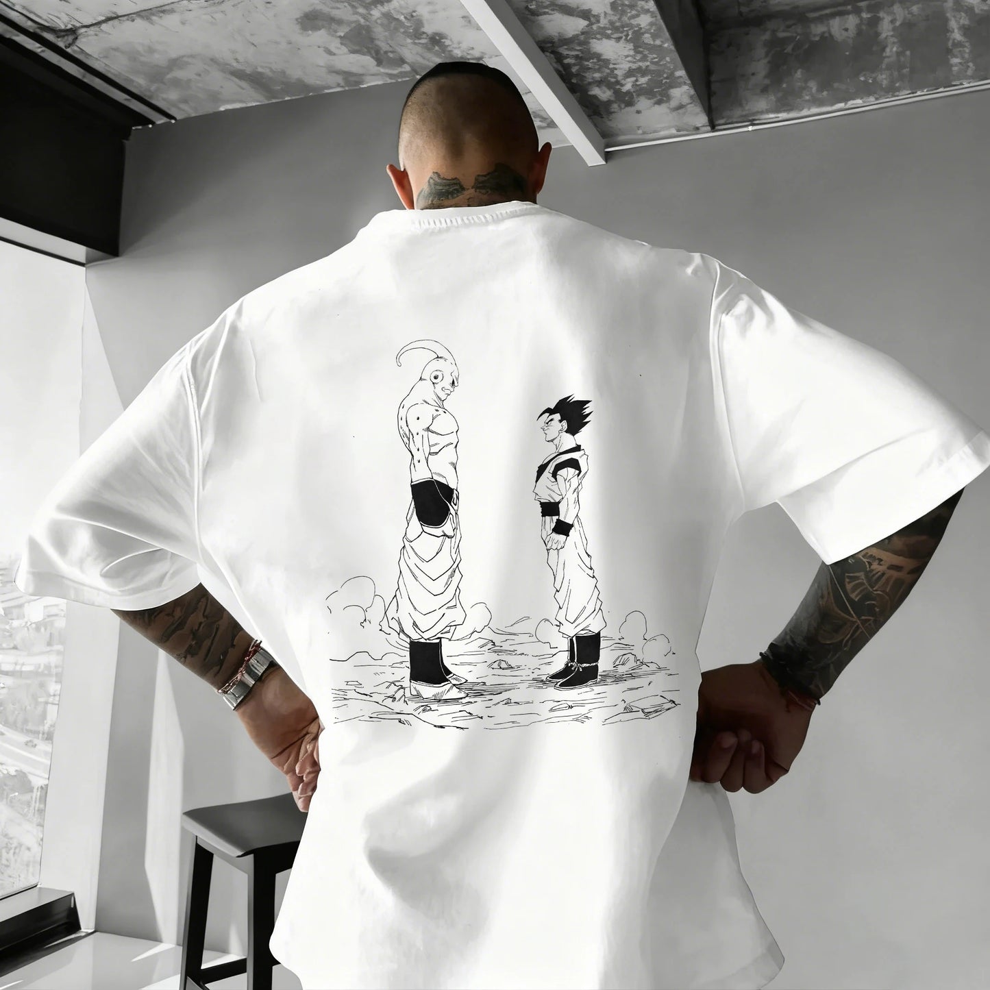 2026 Summer Dragon Ball Oversized T-shirt High Quality 100% Cotton Kid Goku with Power Pole Line Art Print UnisexCasual Y2K