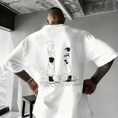 2026 Summer Dragon Ball Oversized T-shirt High Quality 100% Cotton Kid Goku with Power Pole Line Art Print UnisexCasual Y2K