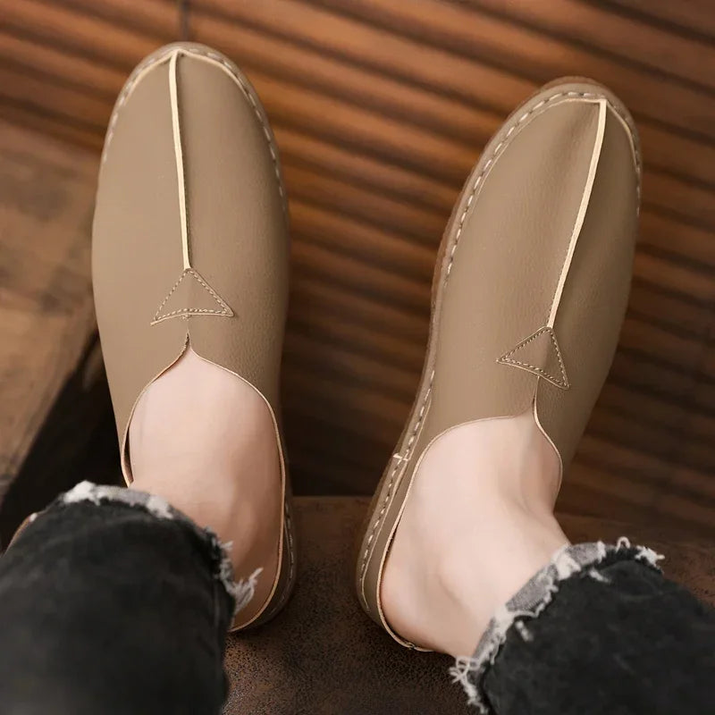 Fashion Leather Men Casual Shoes Slip on Man Loafers Breathable Soft Half Slippers Summer Flats Lightweight Lazy Driving Shoes