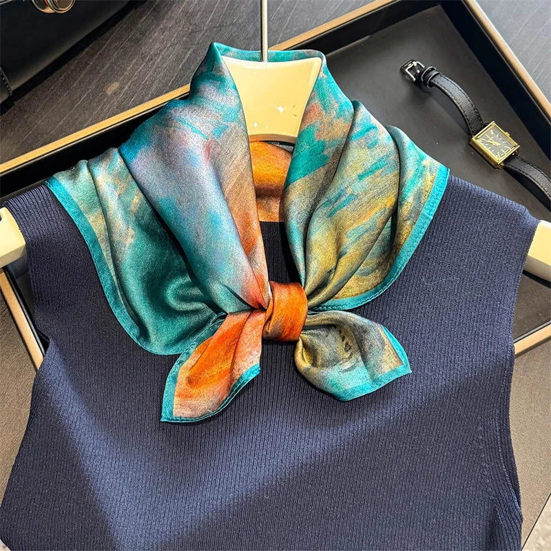 Luxury Brand 100% Natural Silk Scarf Women Design Small Square Shawl Hair Ribbon Headband Fashion Neckerchief Bandana