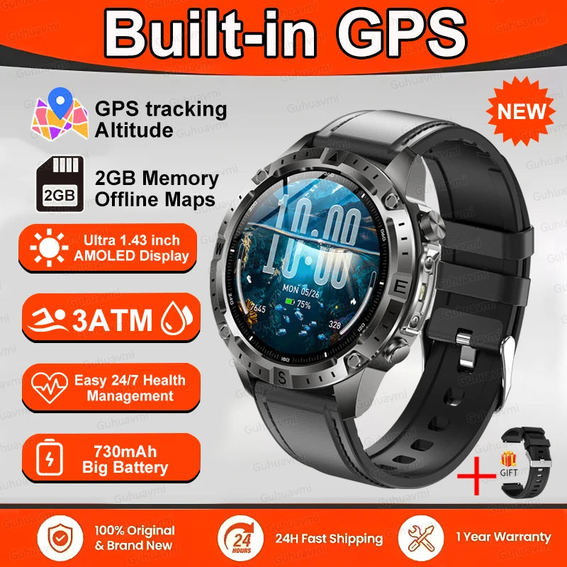 Smart Watch Men GPS Track 30 meters Swim Waterproof  Sports Fitness GPS Precise Positioning Offline Map 2GB Memory Smart Watchs