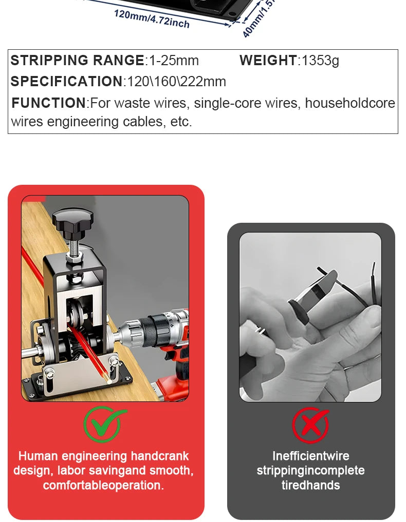 1-70mm² Wire Stripper Manual Wire Stripping Tool Cable Stripper Peeling Machine Compatible with Hand Crank Electric Drill Peeler