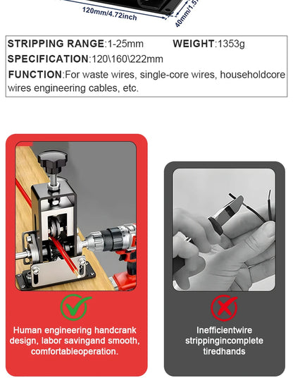 1-70mm² Wire Stripper Manual Wire Stripping Tool Cable Stripper Peeling Machine Compatible with Hand Crank Electric Drill Peeler
