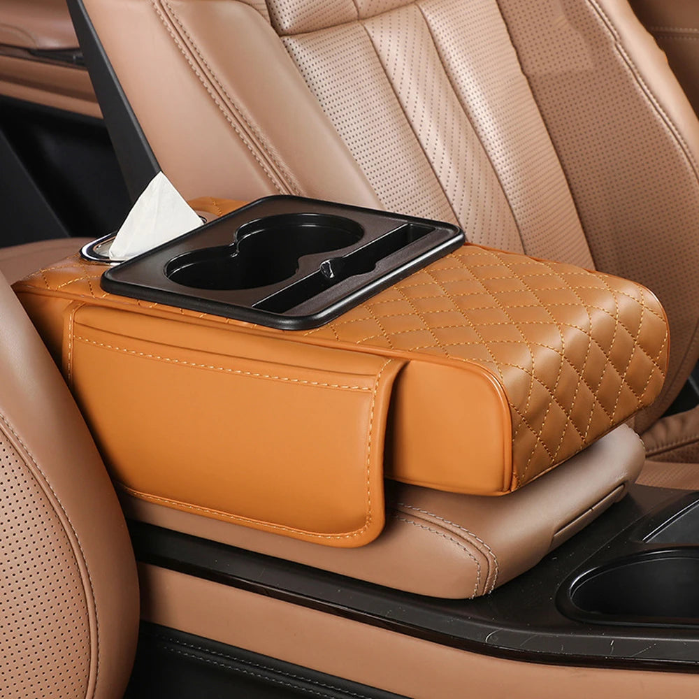 Car Armrest Box Multifunctional Thicken Height Pad Arm Rest Cushion with Pocket Tissue Cup Holder PU Elbow Support Height Pad
