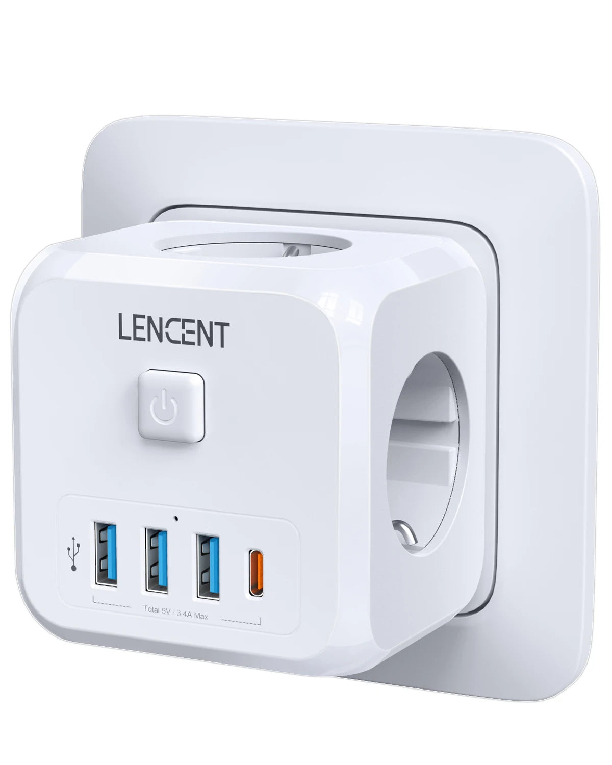 LENCENT EU Plug Power Strip with  3 AC Outlets +3 USB Charging Ports+ 1 Type C 5V 2.4A  Adapter 7-in-1 Plug Socket On/Off Switch